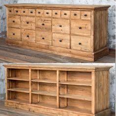 an old wooden dresser with drawers and shelves on the bottom, next to another one