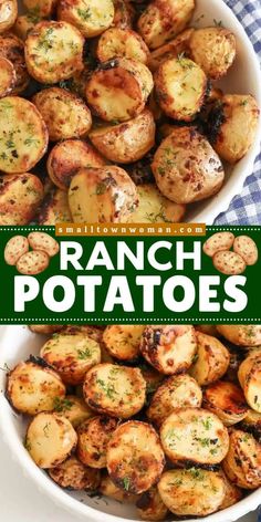 ranch potatoes in a white bowl on a blue and white checkered tablecloth with text overlay