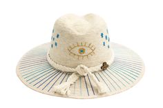 White Palm Straw Hat with Evil Eye Design by Corazon Playero. The Yacht collectionThe Ideal hat for the more active side of life. Wether your on a boat, horseback riding or at the beach. Custom designed and hand made hats by artisans in San Jose Del Cabo, Mexico. These hats are one size fits most with an elastic band inside to add comfort and fit for all head sizes. Each hat has a 3-4 week turnaround. Please note, all hats come with natural braid unless custom braid is purchased. Artisan White Sun Hat For The Beach, Artisan White Sun Hat For Beach, White Artisan Beach Hats, Artisan White Beach Hats, Artisan White Hat For Vacation, San Jose Del Cabo Mexico, Cabo Mexico, Initial M, Natural Braids