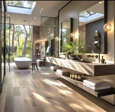 a large bathroom with a skylight above the bathtub