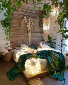 a bedroom with plants growing on the wall