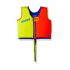 a yellow and blue speedo life jacket on a white background with the words speedo printed on it