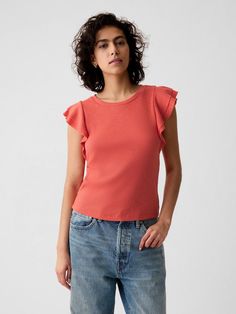 Soft cotton-blend ribbed shirt.  Crewneck.  Short flutter sleeves.  * Fit: Stretch-to-Fit.  Slim & stretchy that forms to your shape.  Hits at the hip.  Models wearing Gap Ribbed Shirt, Summer Family, Coral Red, Family Outfits, Flutter Sleeves, Women's Summer Fashion, New Woman, Flutter Sleeve, Shirt Sleeves