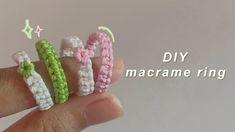 three crocheted toothbrush holders in the palm of someone's hand that says diy macrame ring