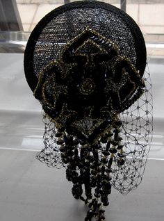 Black and Gold Beaded Flower Sinamay Fascinator Hat with Veil and Satin Headband, for weddings, part Hat With Veil, Large Brim Hat, Sinamay Fascinator, Types Of Hats, Satin Headband, White Plains, Fascinator Hat, Cocktail Hat, French Barrette