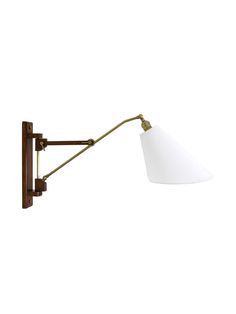 a single light wall lamp with a white glass shade on an old - fashioned wooden arm