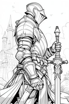 This free coloring page features a valiant knight standing tall with his sword, overlooking a grand castle. The design is easy for kids to enjoy, with clear lines and plenty of space to fill with bright colors. Whether your child loves tales of knights and castles or just enjoys creative play, this page is perfect for sparking their imagination. It's a fun activity that keeps kids entertained while encouraging focus and fine motor skills. Print this page for some easy coloring fun at home, in school, or on the go! Warhammer Coloring Pages, Easy Knight Drawing, Human Paladin Male, Knight Drawing Reference, Knight Coloring Pages, Knight Reference, Chibi Knight, Knight Sketch, Knight Illustration