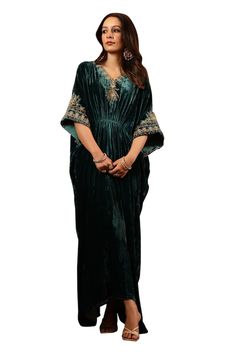 Teal kaftan with resham, sequin, bead, thread embroidery in floral pattern. - Aza Fashions V Neck Kaftan, Kaftan Pattern, Kaftan Women, Velvet Embroidery, Kaftan For Women, Jayanti Reddy, Embroidered Kaftan, Rohit Bal, Tarun Tahiliani