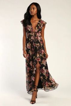 Shop All Kinds of Dresses for a Wedding | Find Wedding Guest Dresses for Less - Lulus Black Floral Bridesmaid Dresses, Outdoor Wedding Guest Dresses, Black Tie Wedding Guest Dress, 2023 Wishlist, Style Aesthetics, Floral Bridesmaid Dresses, Floral Chiffon Maxi Dress, Spring Wedding Guest, Spring Wedding Guest Dress