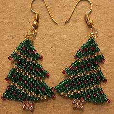 Christmas Tree Seed Bead Earrings Beaded Holiday Jewelry - Etsy Christmas Beaded Round Earrings, Christmas Colorful Beaded Dangle Earrings, Christmas Dangle Beaded Earrings With Colorful Beads, Christmas Beaded Earrings As Gift, Christmas Festive Beaded Dangling Earrings, Handmade Christmas Earrings With Round Beads, Christmas Beaded Dangle Jewelry, Christmas Gift Beaded Earrings, Beaded Dangle Christmas Jewelry