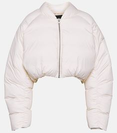 Cropped Down Jacket in White - Entire Studios | Mytheresa White Puffer Jacket Cropped, White Nylon Puffer Jacket With Detachable Hood, White Down Outerwear With Padded Collar, Fitted Down Outerwear For Streetwear, Winter White Nylon Puffer Outerwear, Nylon Long Sleeve Puffer Jacket, Down Puffer Jacket With Zipper Closure For Cold Weather, Winter White Down Puffer Outerwear, Fitted Nylon Puffer Jacket With Pockets