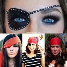 four different pictures of women with eyeliners and accessories on their faces, including one woman's face