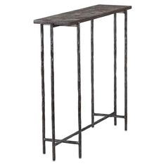 an iron and wood console table with two legs on each side, against a white background