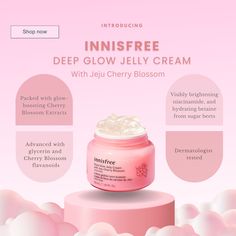 A gel moisturizer packed with glow-boosting Cherry Blossom Extracts, visibly brightening niacinamide, and hydrating betaine from sugar beets. Advanced with glycerin and Cherry Blossom flavanoids with visibly soothing and moisturizing benefits for skin that’s ready for makeup! Dermatologist tested. #ad #sponsored #skincare #dermatologytested Glowing Skin Korean, Innisfree Cherry Blossom, Korean Skincare Brands, Jeju Cherry Blossom, Motion Design Trends, Sugar Beets, Skin Korean, Jelly Cream, Smooth Glowing Skin