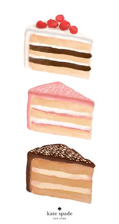 three different types of cake are shown in this watercolor drawing by kate spadee