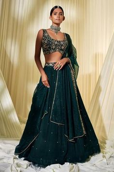 Shop for Disha Muchhala Green Chiffon Embroidered Lehenga Set for Women Online at Aza Fashions Bottle Green Indian Outfit, Indian Designer Blouses, Dark Green Lehenga Designs, Indian Bachelorette Party Outfit, Trending Lehenga Designs 2023, Lehenga Designs Green, Dark Lehenga, Green Lehenga Designs, Formal Lehenga