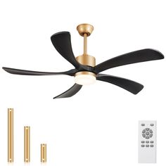 a ceiling fan with three blades and two remote controls