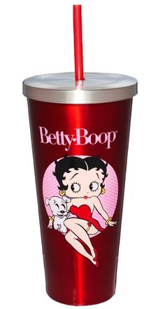 a red plastic cup with a cartoon character on the side and a straw in it