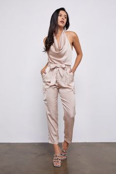 Satin halter cowl neck low back top. NOTE: If your size is not available, please register your email in EMAIL ME WHEN AVAILABLE link. Low Back Top, Satin Pant, Tapered Pant, Tie Matching, Trendy Pants, Satin Set, Wedding Clothes, Satin Pants, Color Champagne