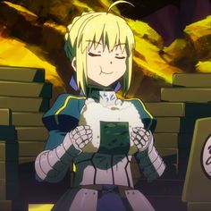 an anime character with blonde hair and green eyes holding a piece of paper in her hands