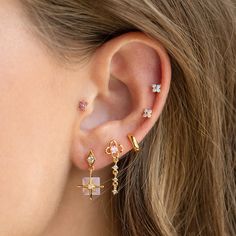 We've taken a fun spin on the classic celestial motif with our Beverly Drop Earrings. With their geometric design and pastel pink chunky CZs, these earrings are bound to become a favorite in your collection. 18k gold plated over brass with a protective coating Cubic zirconia stones Sterling silver posts and butterfly b Earrings Aesthetic, Minimal Earrings, Helix Earrings, Necklace Chain Lengths, Stud Set, Pin Jewelry, Flower Earrings Studs, Small Earrings, Everyday Earrings