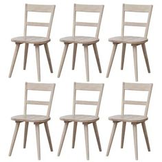 six wooden chairs are shown side by side