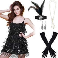 PRICES MAY VARY. sequin Pull On closure Complete Accessory Set: the package includes not just the main 1920 style dresses for women, but also: a pair of gloves, a necklace, a headband, a pair of earrings, and a long cigarette holder; These accessories enhance the overall look, providing an immersive 1920s experience Size and Quality Material: the 1920 costumes for women is mainly black, a color that exudes sophistication and mystery; It comes in size medium, making it an excellent fit for lots o Elegant Flapper Dress For Costume Party And Holiday, Elegant Black Flapper Dress For Costume, Vintage Flapper Dress For Holiday Evenings, Elegant Winter Party Costume Accessories, Vintage Black Costume Accessories For Party, 1920 Style Dresses, 1920 Costumes, 20s Accessories, Women 1920s