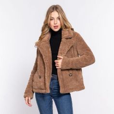 Size Small Mdium Large Sherpa Jackets For Women, Brown Long Sleeve Outerwear With Faux Fur Trim, Brown Outerwear With Faux Fur Trim And Long Sleeves, Casual Brown Outerwear With Faux Fur Trim, Trendy Brown Outerwear With Faux Fur Lining, Trendy Brown Outerwear With Faux Fur Trim, Casual Brown Outerwear With Faux Fur Lining, Brown Winter Outerwear For Cold Weather, Cozy Brown Outerwear With Faux Fur Trim