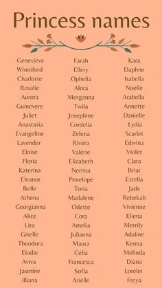 the princess names in english and spanish are shown on an orange background with pink flowers