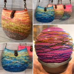 four pictures of different purses made out of yarn