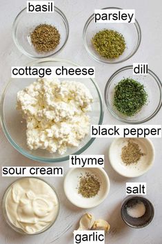 the ingredients to make cottage cheese are shown in bowls and labeled on each side, including sour cream, garlic, parsley, dill, black pepper, sour cream, salt