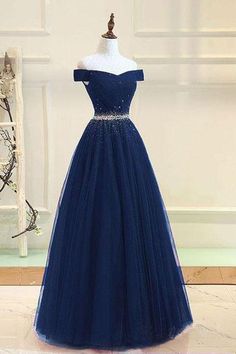 Blue Tulle Prom Dress, Navy Blue Prom Dresses, Off Shoulder Evening Dress, Tulle Evening Dress, Floor Length Prom Dresses, Blue Party Dress, Blue Evening Dresses, Dress Tulle, Prom Dresses Modest