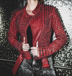 Red Studded Spiked Leather Jacket | Women Punk Rock Party Jacket Spiked Leather Jacket, Punk Leather Jacket, Jaket Motor, Punk Jacket, Red Motorcycle, Luxury Jacket, Studded Leather Jacket, Red Studs, Party Jackets