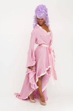 This is the robe of your dreams. This glorious robe is made for a true Pastel Queen. This robe features long cascading sleeves, and train. Pair with a lace panty or bralette, or without, but know that you will be stunning in this robe. The model is wearing a size small. Pink Fitted Robe For Wedding Night, Fitted Open Front Robe For Wedding Night, Fitted Wedding Robe With Open Front, Fitted Open Front Wedding Robe, Pink Robe With Kimono Sleeves For Wedding, Long Pink Robe For Wedding Night, Feminine Long Robe For Wedding Night, Fitted Feminine Robe For Loungewear, Feminine Fitted Robe For Loungewear