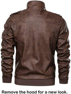 Brown Hooded Biker Jacket With Pockets, Brown Faux Leather Outerwear For Streetwear, Casual Brown Hooded Biker Jacket, Brown Faux Leather Jacket For Winter, Brown Faux Leather Biker Jacket For Winter, Motorcycle Leather Jacket, Biker Coat, Retro Motorcycle, Pu Leather Jacket