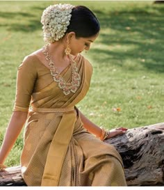 a woman sitting on top of a tree branch wearing a brown and white sari