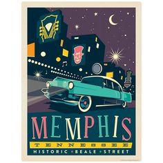 an old car is driving down the street in front of a neon sign that says memphis