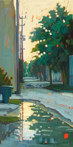 an oil painting of a city street with trees and trash cans on the side walk