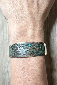 Vintage Stamped (Hecho En Mexico) Silver Crushed Turquoise Inlay Cuff Bracelet  | eBay