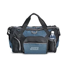 a black duffel bag with the word dns on it and two water bottles