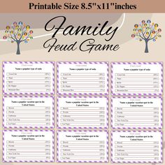 the printable family game is shown in purple and white with colorful trees on it