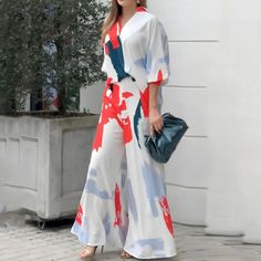 Women's Elegant Fashion Printed V-neck High Waist Flared Pants Temperament Suit Chic Red V-neck Sets, Casual Red V-neck Jumpsuit, Casual Red V-neck Jumpsuits And Rompers, Red Chic V-neck Sets, Red V-neck Chic Sets, Red V-neck Jumpsuits And Rompers, Red V-neck Jumpsuit For Spring, Red V-neck Jumpsuits And Rompers For Spring, Flared Pants