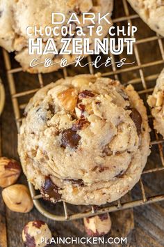 chocolate chip hazelnut cookies are cooling on a wire rack with the words, dark chocolate chip