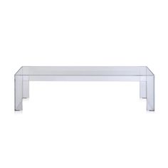 an acrylic coffee table with clear legs and no top on the bottom, in front of a white background