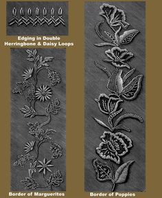 three different types of embroidery designs on black and white paper with text that reads, edging in double herringbone & daisy loops border of poppies