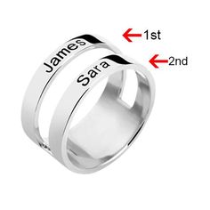 This double banded ring is perfect as a mother's ring or couples ring. it is can be customized with a special name or word on each band. Once you put it on you will discover how meaningful it is and never want to take it off. Always have the ones you loved around your finger! Item specifics: Style Name Ring Width of Ring Band 1.2CM(0.47INCH) Thickness of Ring 1.2MM(0.048INCH) Material Sterling Silver Measurements -- Material Sterling Silver 925 Font: DELIVERY & SHIPPING Delivery Time= Proces Adjustable Double Band Stackable Rings For Anniversary, Modern Personalized Adjustable Stackable Rings, Adjustable Double Band Gift Bands, Adjustable Open Ring With Names, Mother's Ring, Couples Ring, Take It Off, Name Ring, Mother Rings