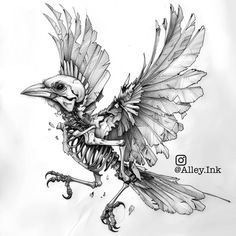 a black and white drawing of a bird with wings spread out, holding a key