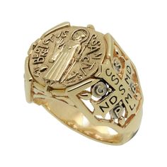 "Solid 14k Gold Handmade Christian Roman Catholic Saint Benedict style men's ring. Christians used St. Benedict symbol (medal) due to the belief in its power against evil \"devil-chasing medal\" Original unique design with beautiful details and amazing art work Rare piece, top quality, best craftsmanship, handmade Excellent new condition, very heavy, stamped 14K, 585 Intricately detailed lines and antique, rustic finish all around 18-19 grams pure 14K gold Top dimensions 20 mm. Top of ring featu Symbolic Hallmarked Signet Ring For Commemoration, Symbolic Yellow Gold Signet Ring For Commemoration, Symbolic 14k Stamped Signet Ring Collectible, Gold Symbolic Signet Ring For Commemoration, Gold Mens Ring, Yellow Gold Mens Rings, Catholic Saint, St Benedict, Saint Benedict