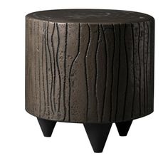 a small wooden stool with black legs and wood grain pattern on the top, in front of a white background