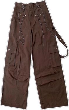 Y2k Style Brown Wide Leg Pants, Y2k Wide Leg Brown Pants, 90s Style Cargo Pants For Fall Streetwear, Y2k Parachute Pants With Pockets For Fall, Brown Wide Leg Y2k Bottoms, Y2k Cotton Parachute Pants For Streetwear, Y2k Baggy Parachute Pants With Cargo Pockets, Y2k Wide Leg Parachute Pants With Pockets, Y2k Baggy Parachute Pants With Side Pockets